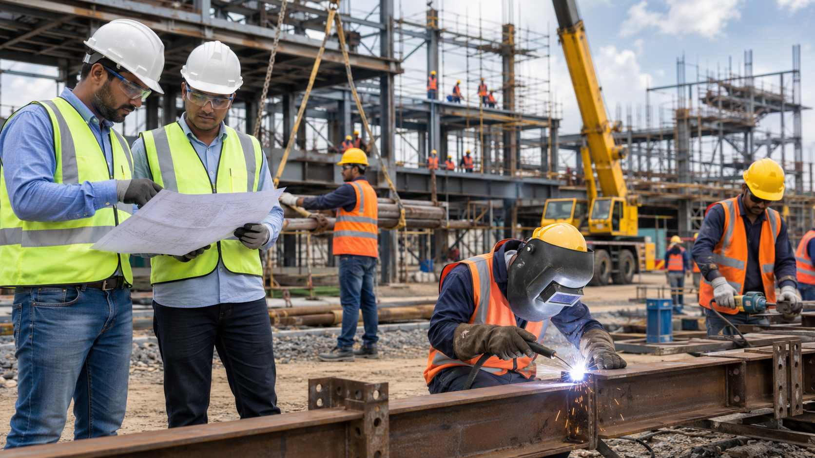 Skilled industrial manpower working on project site